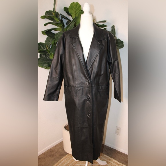 Savannah Jackets & Blazers - VINTAGE 80s 90s Savannah Black Genuine Leather Long Trench Coat Jacket